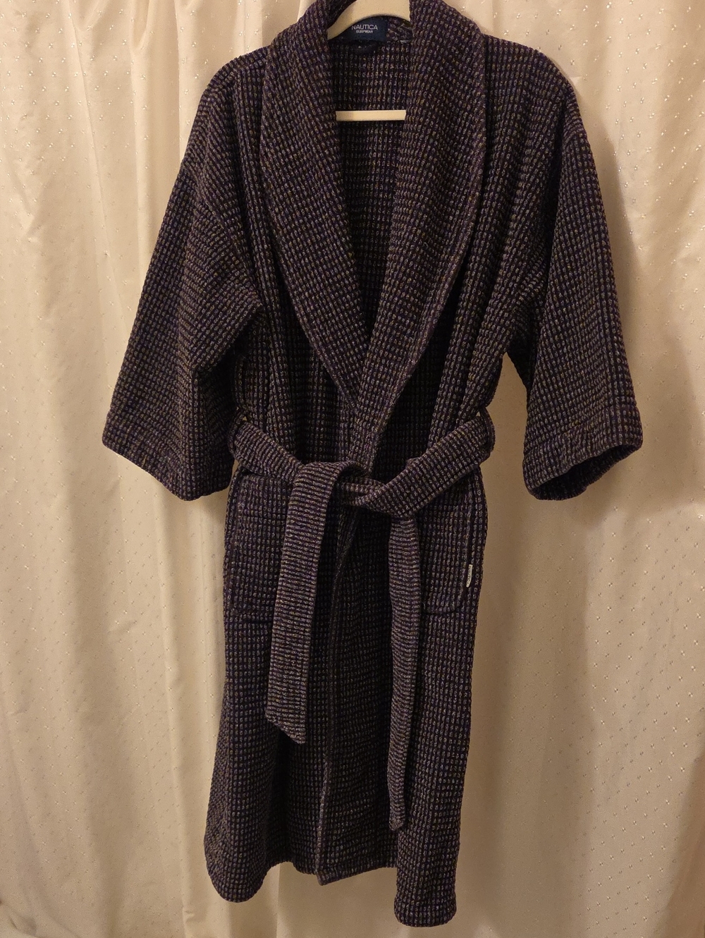 Nautica Textured Waffle-Knit Robe in Black, Brown & Gray.